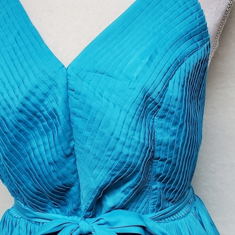 DO+BE Aqua Blue Pleated Deep V-neck Racerback Backless Tie-Waist Wide Leg Romper - Picture 4 of 15